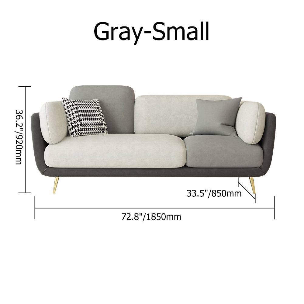 72.5" Gray Upholstered Sofa 3Seaters Modern Gold Couch for Living Room in Small