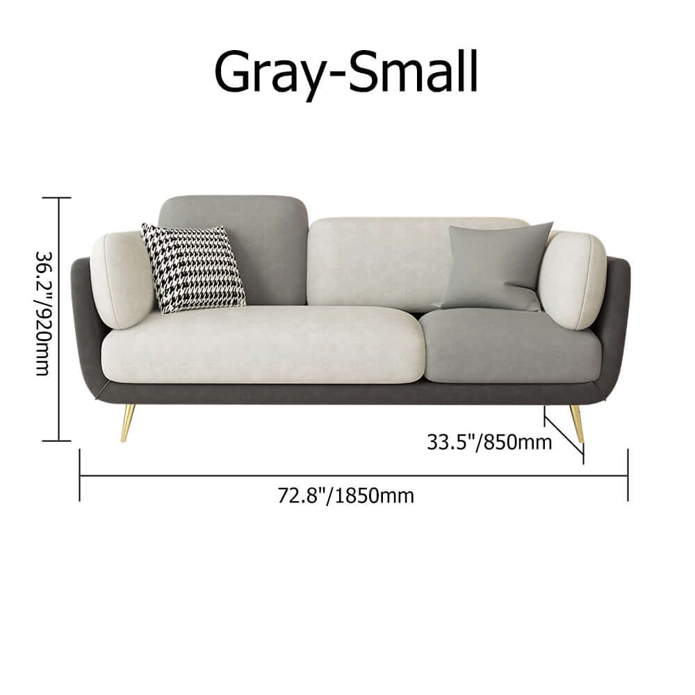 72.5 inch gray upholstered sofa with modern gold accents for small living room decor
