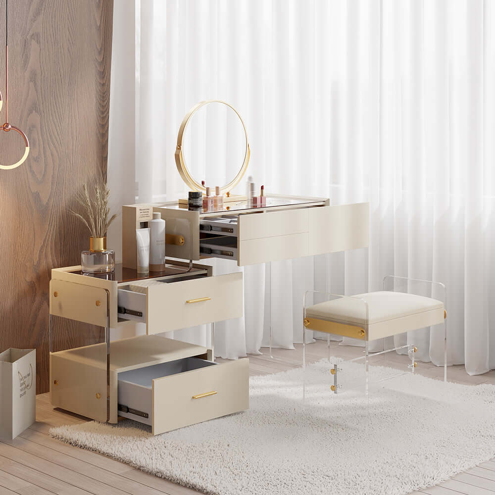 White floating vanity set with acrylic stool, mirror, and ample storage drawers