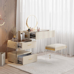 White floating vanity set with acrylic stool, mirror, and ample storage drawers