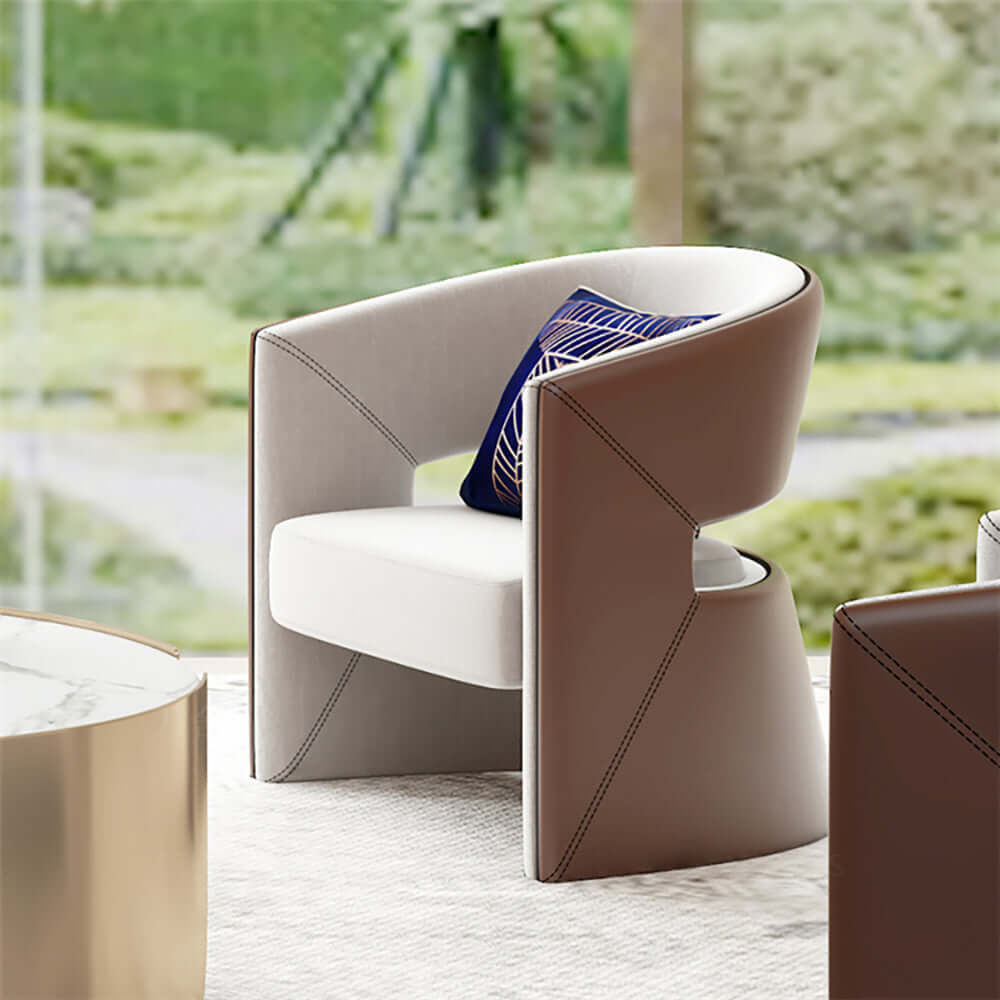 Modern brown and beige solid wood accent chair with faux leather upholstery in barrel shape design Main image