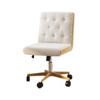 Ergonomic white swivel office chair with adjustable height and linen upholstery, armless design