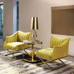 Luxurious gold leg nordic yellow velvet accent chair, soft cushioned seat for contemporary home decor