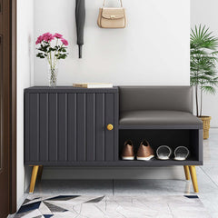 Contemporary white shoe storage bench with cabinet and shelf for hallway organization