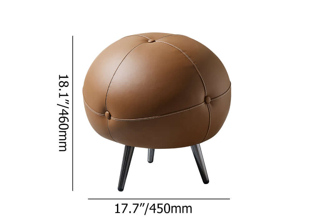 Modern round brown ottoman with buttoned faux leather upholstery for contemporary home decor