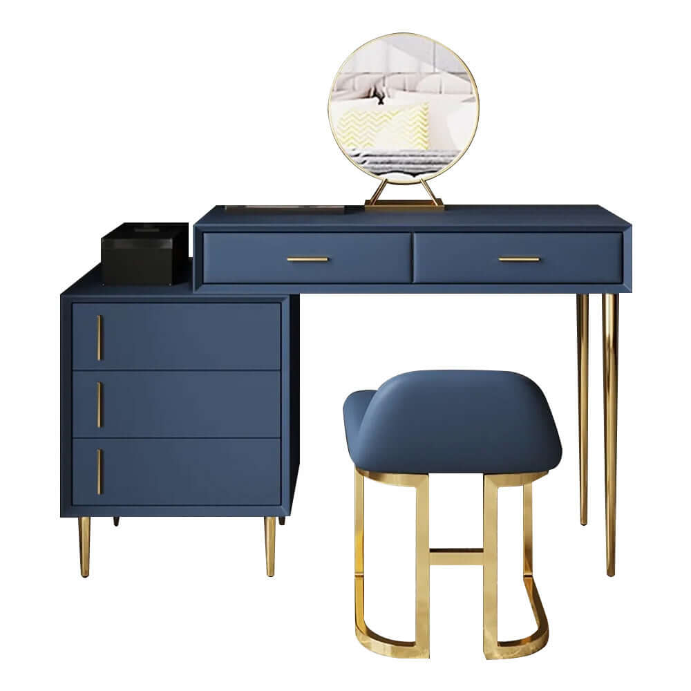 Blue makeup vanity set with stool, mirror, and retracted dressing table