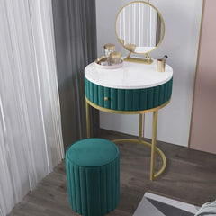 Stylish makeup vanity set with velvet upholstered small dressing table, mirror, and stool