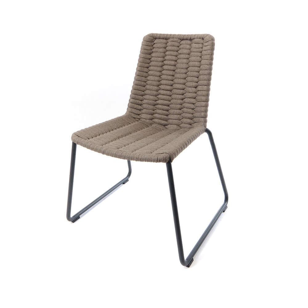 Modern 7-piece aluminum outdoor patio dining set with a teak wood top table and stylish rope chairs for a contemporary outdoor dining experience