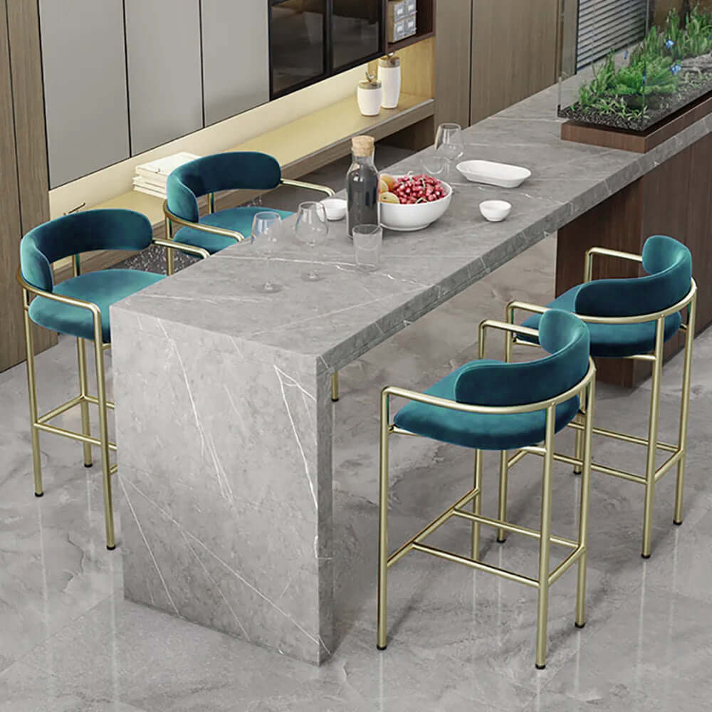 33.1 inch tall modern green bar stool with comfortable velvet upholstered seat and stylish backrest メイン画像