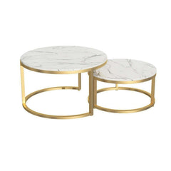 Modern round coffee table with gold metal legs and white marble top for bedroom