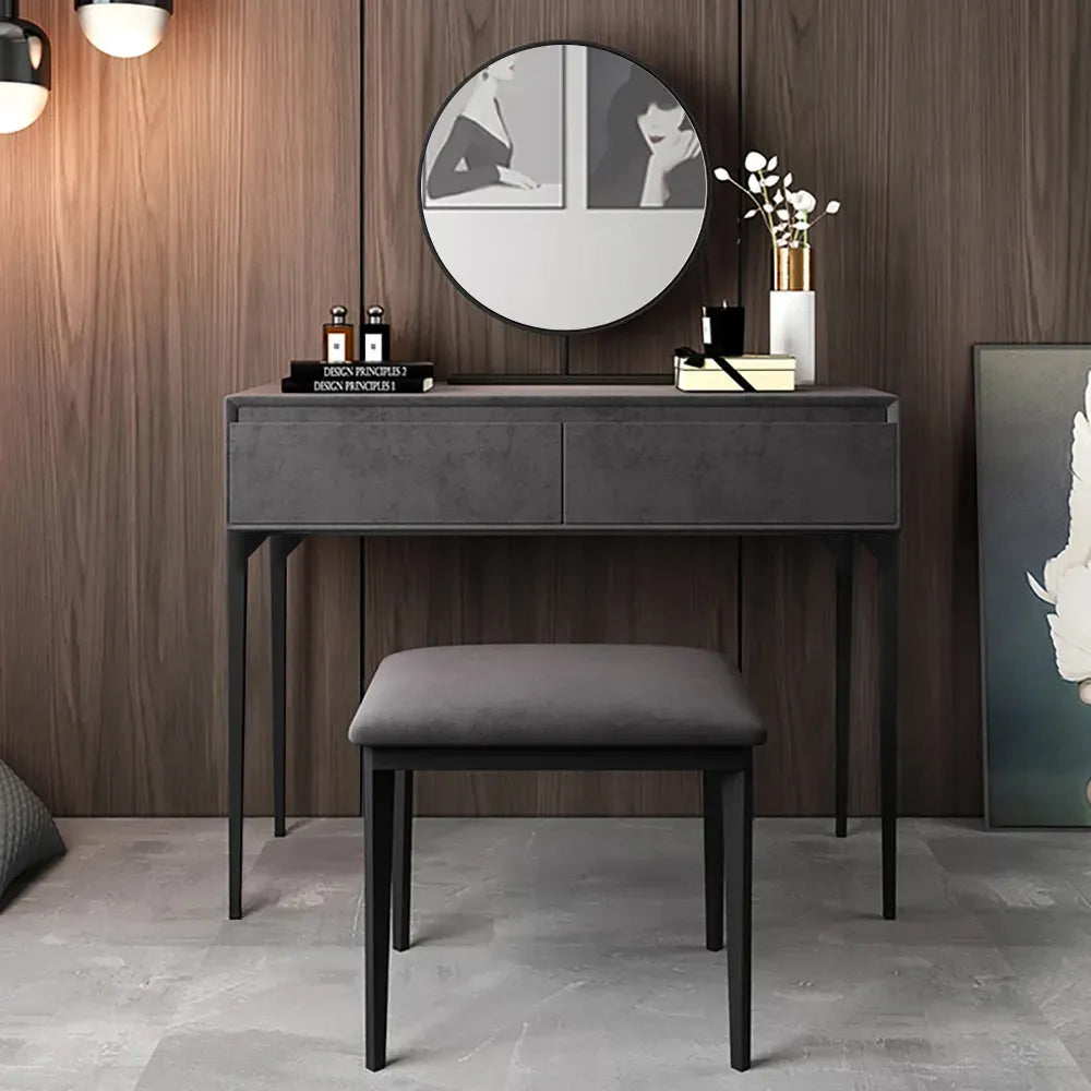Modern Gray Makeup Vanity Set with Velvet Surface Dressing & Mirror & Stool in Large