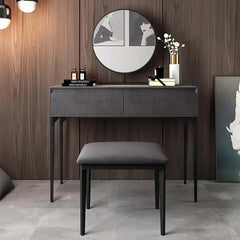 Fashionable gray vanity table with soft velvet surface dressing, adjustable mirror, and cushioned stool