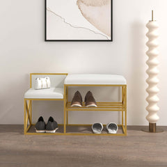 Contemporary white and gold upholstered bench for entryway decor