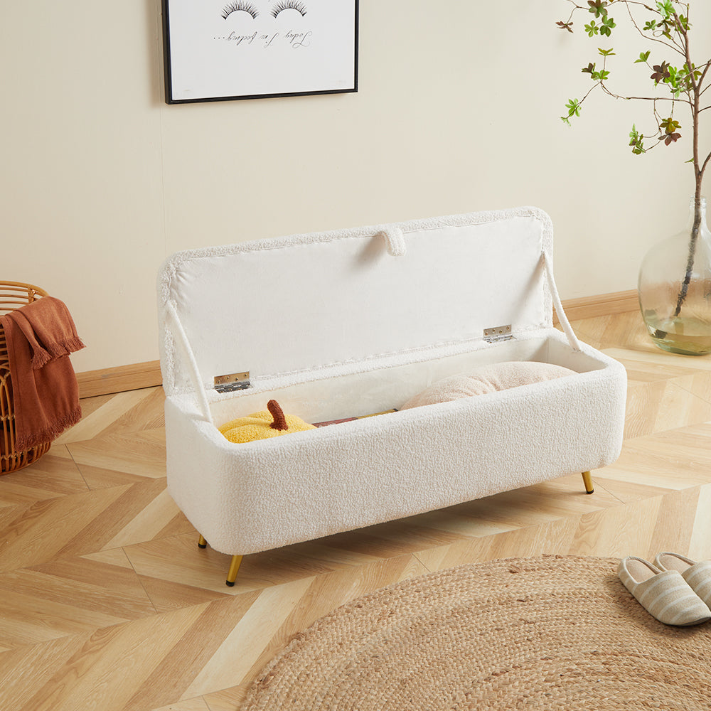 Banco de dormitorio moderno de boucle blanco, banco largo tapizado con 2  patas