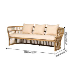 Comfortable cushion pillow on 74" natural color rattan sofa with square arm