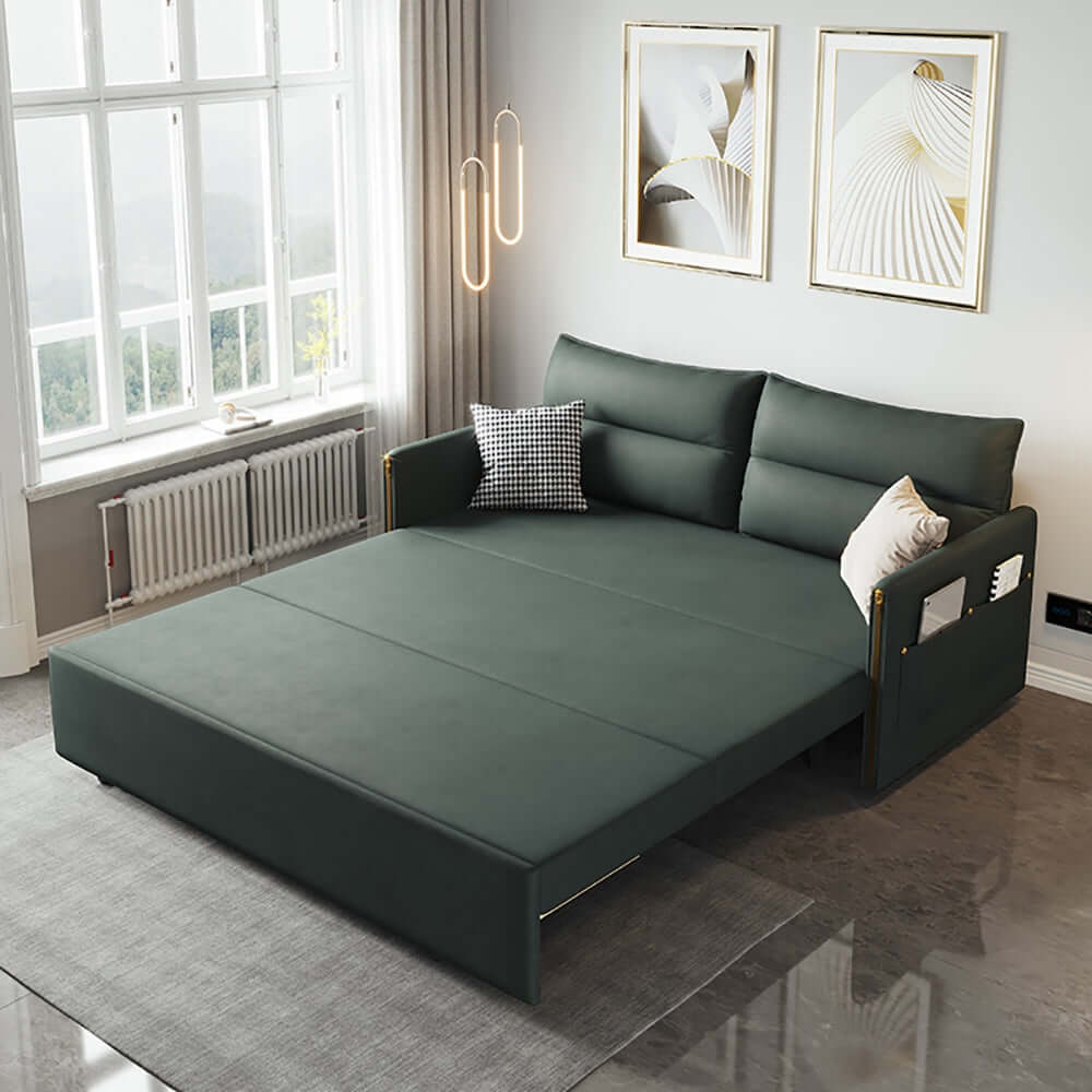 Modern 64-inch green convertible sleeper sofa bed with leathaire upholstery メイン画像