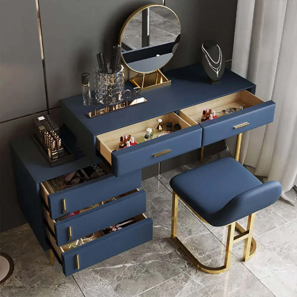 Retracted dressing table cabinet with modern blue makeup vanity set