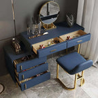 Retracted dressing table cabinet with modern blue makeup vanity set