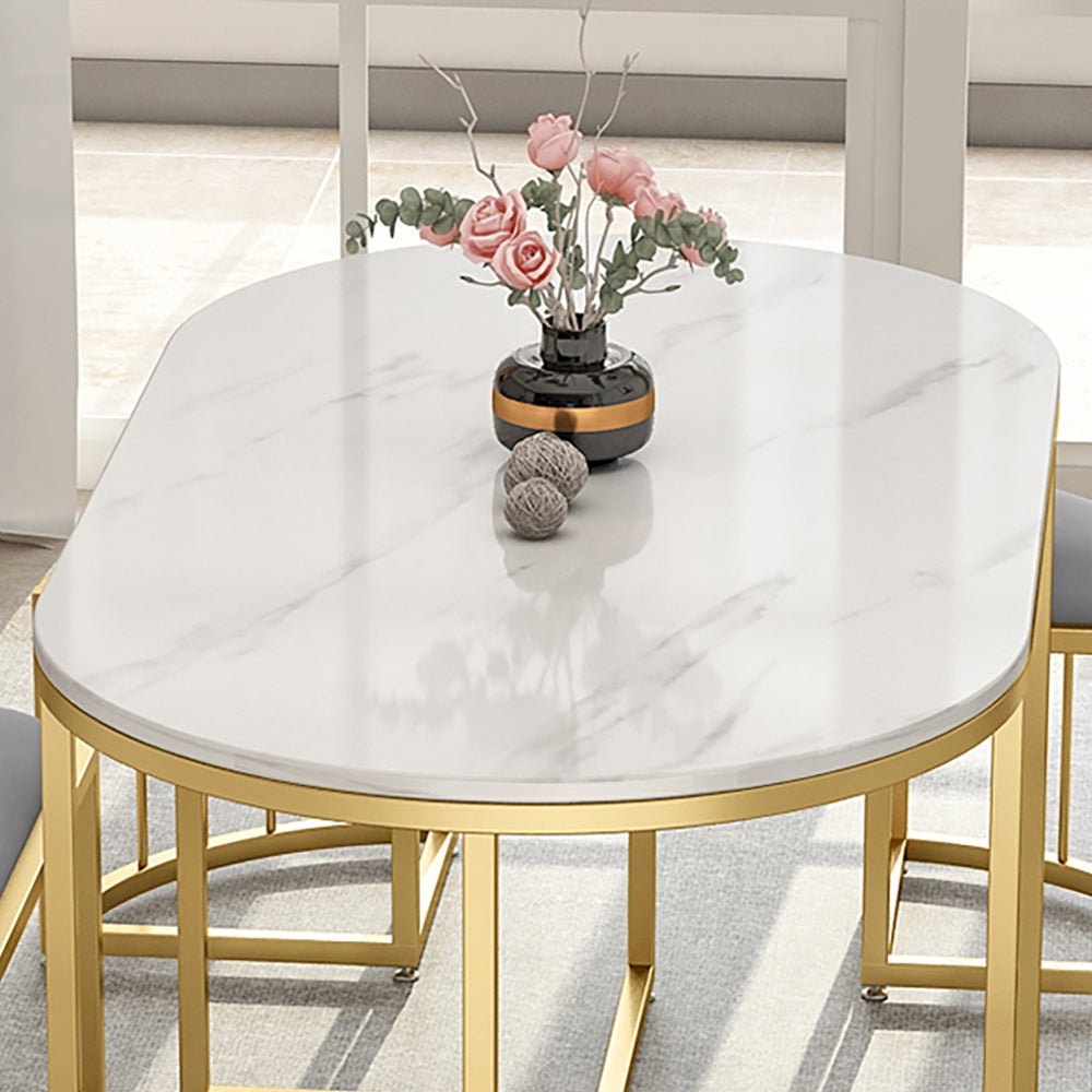 Modern White Oval Dining Table with Stools Stone Top & Metal Frame