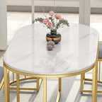Sleek oval dining table and stools with white stone top and metal frame for upscale dining room