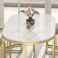 Sleek oval dining table and stools with white stone top and metal frame for upscale dining room