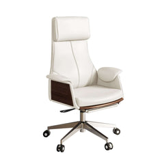 High back white leather office chair with reclining feature for executive desk comfort