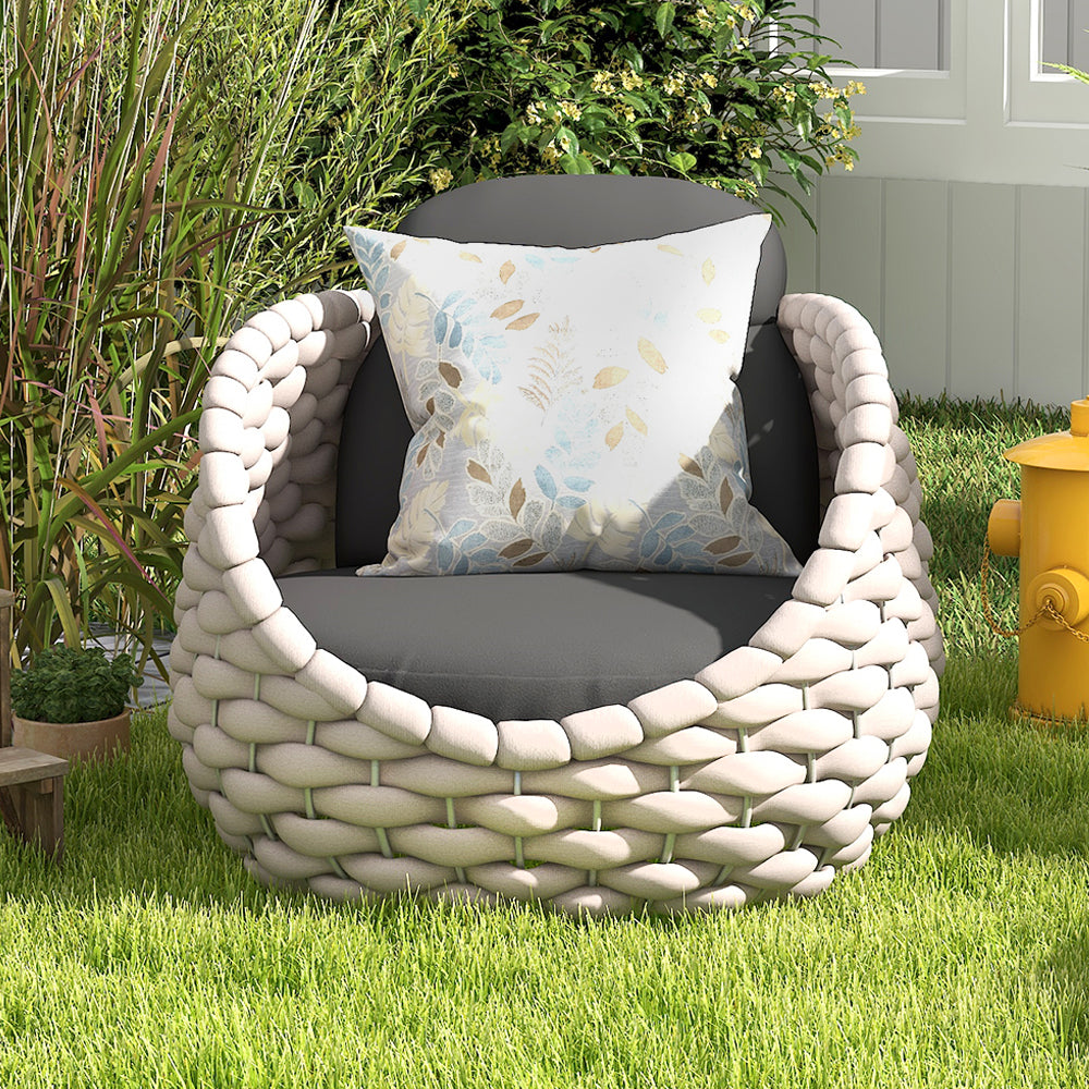 Modern outdoor chair with gray woven textilene rope design and removable cushion