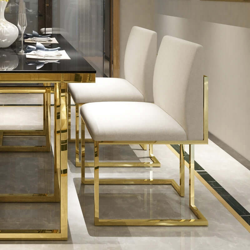 Modern linen dining chair upholstered in white stainless steel leg gold set of 2 for contemporary dining room decor Main image