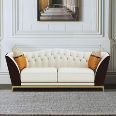 92.9-inch white and brown midcentury curved tufted back faux leather upholstered sofa