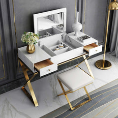 Glamorous makeup vanity with 2 drawers, mirror, and stool in stylish gold color