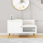 Modern white shoe rack bench with storage cabinet and shelf for hallway organization
