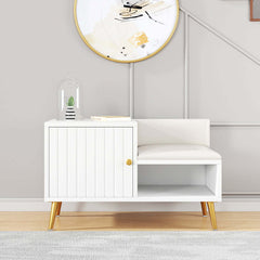 Modern white shoe rack bench with storage cabinet and shelf for hallway organization