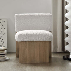 Modern wood boucle sherpa chair in white with teddy velvet upholstery for home decor