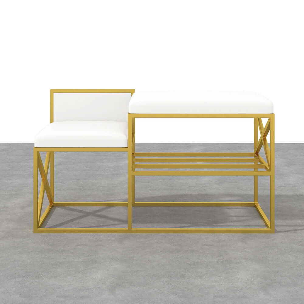Sleek modern white upholstered entryway bench with gold legs