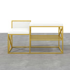 Sleek modern white upholstered entryway bench with gold legs