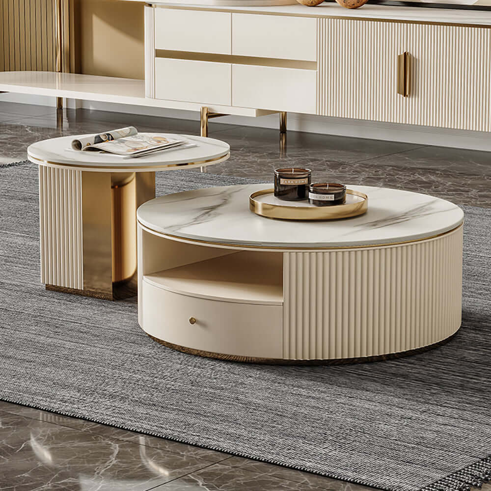 Modernes chic rundes Nest-Couchtisch-Set mit Aufbewahrung weißer Stein-Couchtisch Set aus 2