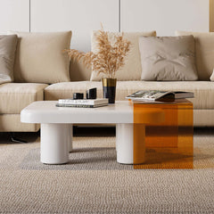 Stylish White & Orange Square Nesting Coffee Table Set of 2 with Acrylic Waterfall End Table