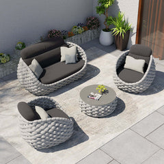 Woven Rope Outdoor Sofa Set with Faux Marble Top Coffee Table - Contemporary design for outdoor relaxation