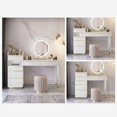 Offwhite Makeup Vanity Set with Lighted Mirror and Stool, Elegant Dressing Table for Bedroom